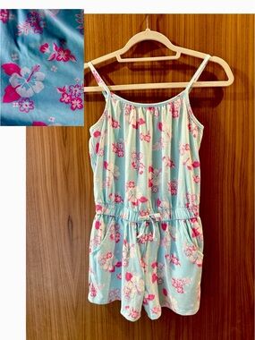 Cat & Jack Girls Romper * Size L 10/12 * Blue * Hibiscus Floral Print * Pockets